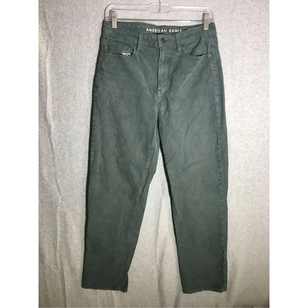 Womens American Eagle Jeans Mom Straight Leg Green Corduroy Pants Cottagecore